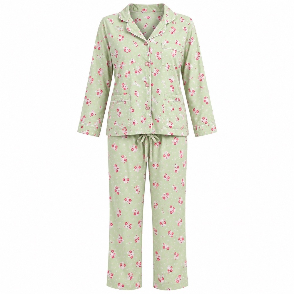 Victoria's Secret Pajama Set Womens S Green Pink Floral Cotton Button Up 2pc PJs